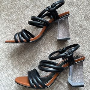 Black leather sandals with clear lucite block heel, Zara size 8